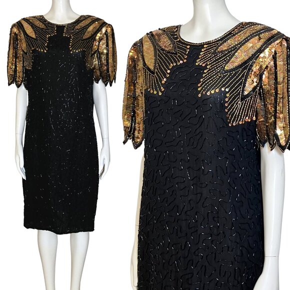 Vintage 80s 100% Silk Beaded Sequin Black Gold Cocktail Dress M/L Deco Flapper - Picture 1 of 15